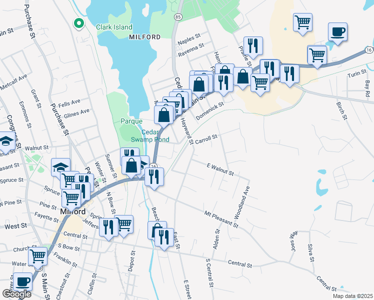 map of restaurants, bars, coffee shops, grocery stores, and more near 4 Parkhurst Street in Milford