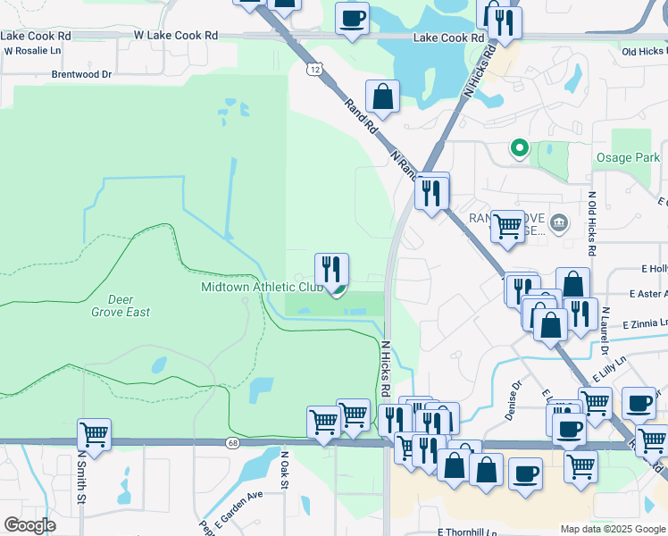 map of restaurants, bars, coffee shops, grocery stores, and more near 310 East Forest Knoll Drive in Palatine