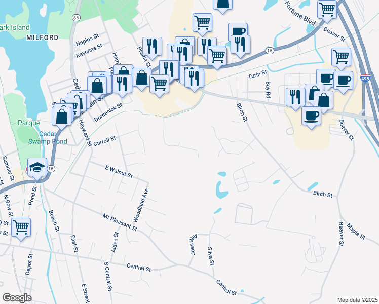 map of restaurants, bars, coffee shops, grocery stores, and more near 21 Ari's Way in Milford