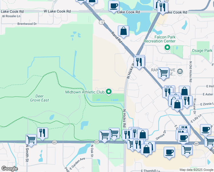 map of restaurants, bars, coffee shops, grocery stores, and more near 306 East Forest Knoll Drive in Palatine