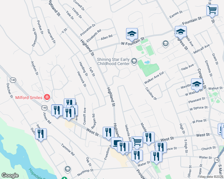 map of restaurants, bars, coffee shops, grocery stores, and more near 38 Iadarola Avenue in Milford