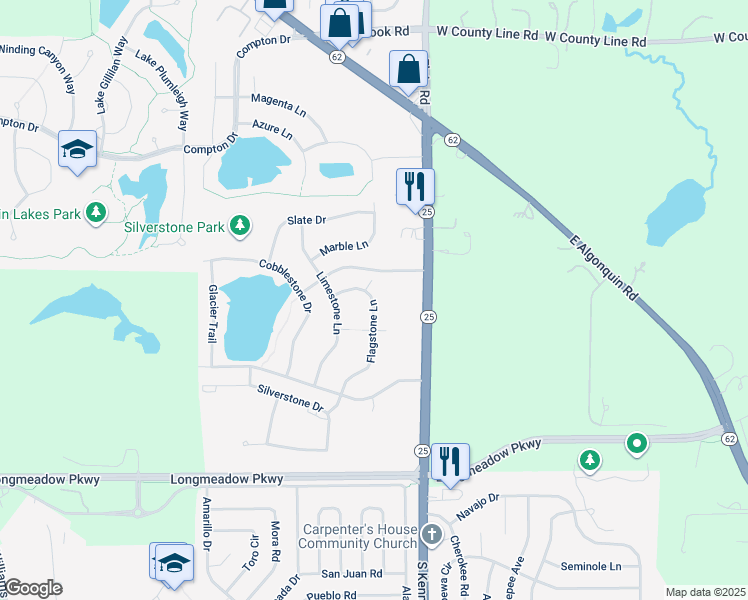 map of restaurants, bars, coffee shops, grocery stores, and more near 2277 Flagstone Lane in Carpentersville
