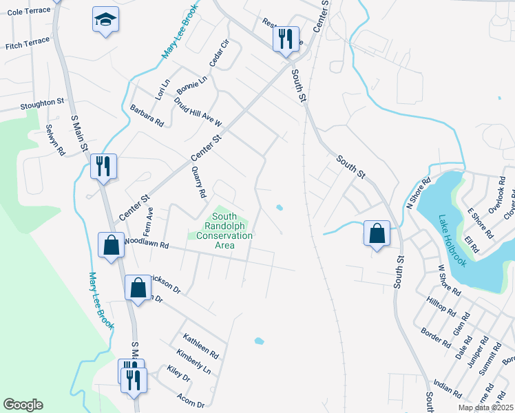 map of restaurants, bars, coffee shops, grocery stores, and more near 65 Druid Hill Avenue East in Randolph