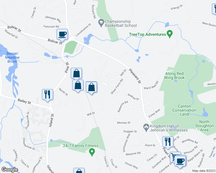 map of restaurants, bars, coffee shops, grocery stores, and more near 112 Will Drive in Canton