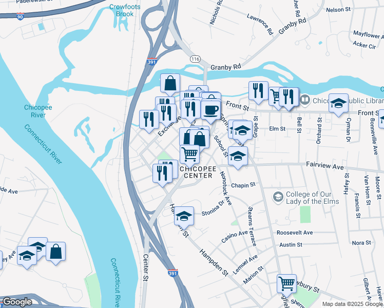 map of restaurants, bars, coffee shops, grocery stores, and more near 144 Cabot Street in Chicopee