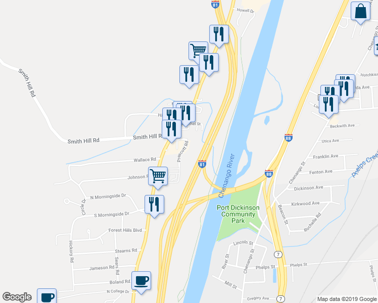 map of restaurants, bars, coffee shops, grocery stores, and more near 34 Prescott Road in Binghamton