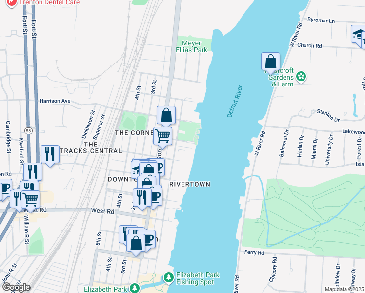 map of restaurants, bars, coffee shops, grocery stores, and more near 2419 Riverside Drive in Trenton