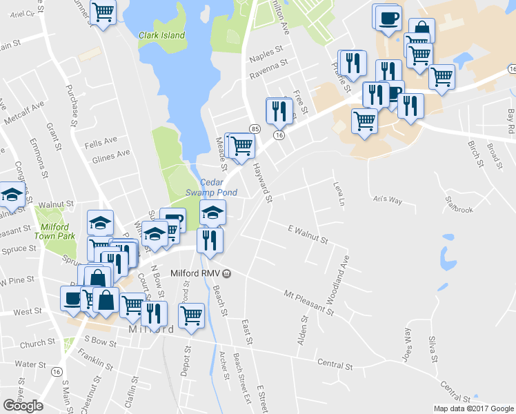 map of restaurants, bars, coffee shops, grocery stores, and more near 29 Parkhurst Street in Milford