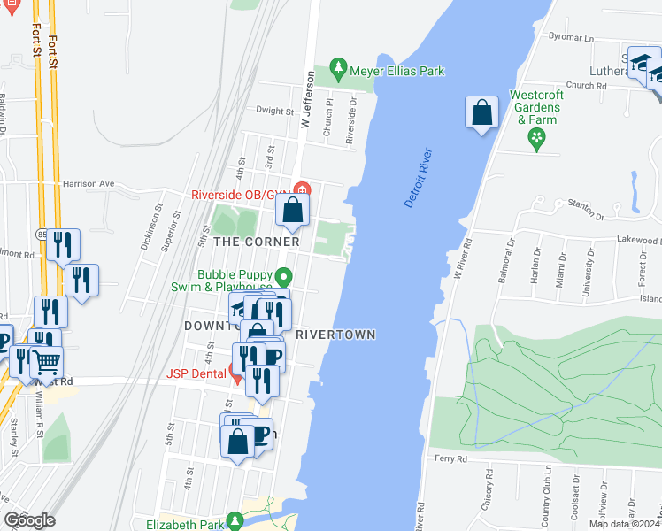 map of restaurants, bars, coffee shops, grocery stores, and more near 2419 Riverside Drive in Trenton