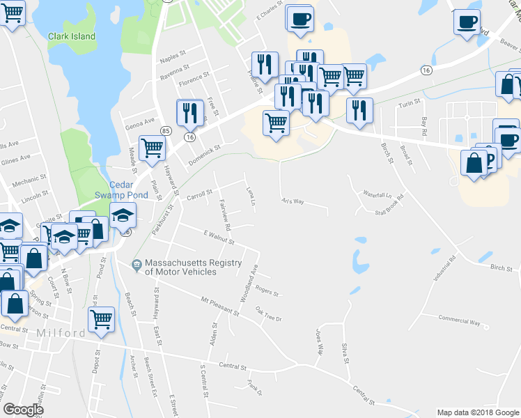 map of restaurants, bars, coffee shops, grocery stores, and more near 23 Lena Lane in Milford