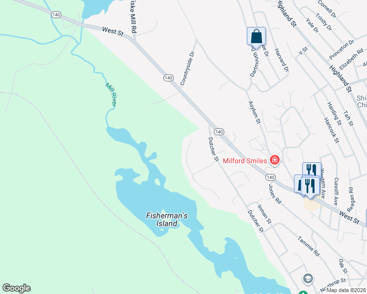 map of restaurants, bars, coffee shops, grocery stores, and more near 33 Driftway Street in Hopedale