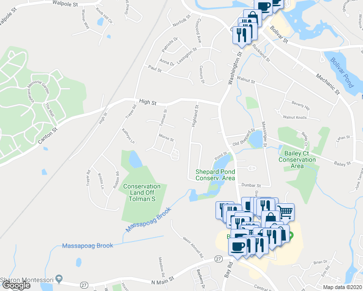 map of restaurants, bars, coffee shops, grocery stores, and more near 67R Highland St in Canton