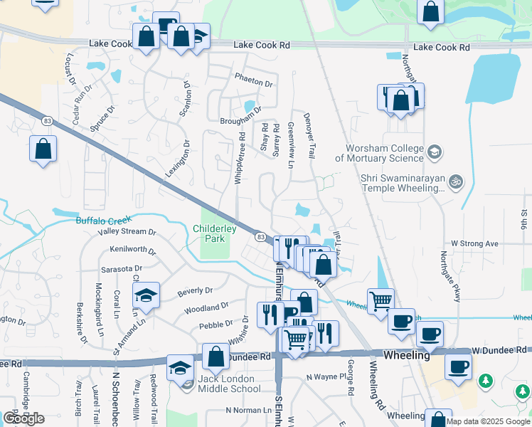 map of restaurants, bars, coffee shops, grocery stores, and more near 835 Oxford Place in Wheeling