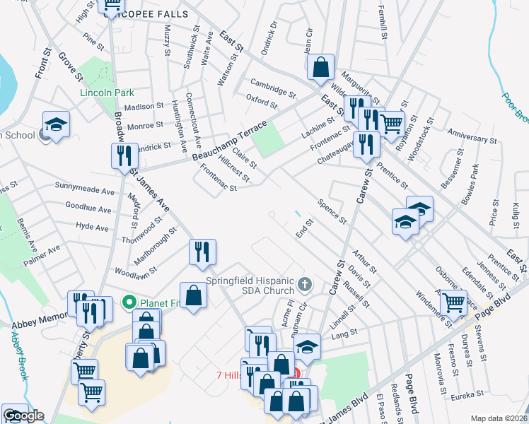map of restaurants, bars, coffee shops, grocery stores, and more near 22 Ralph Street in Chicopee