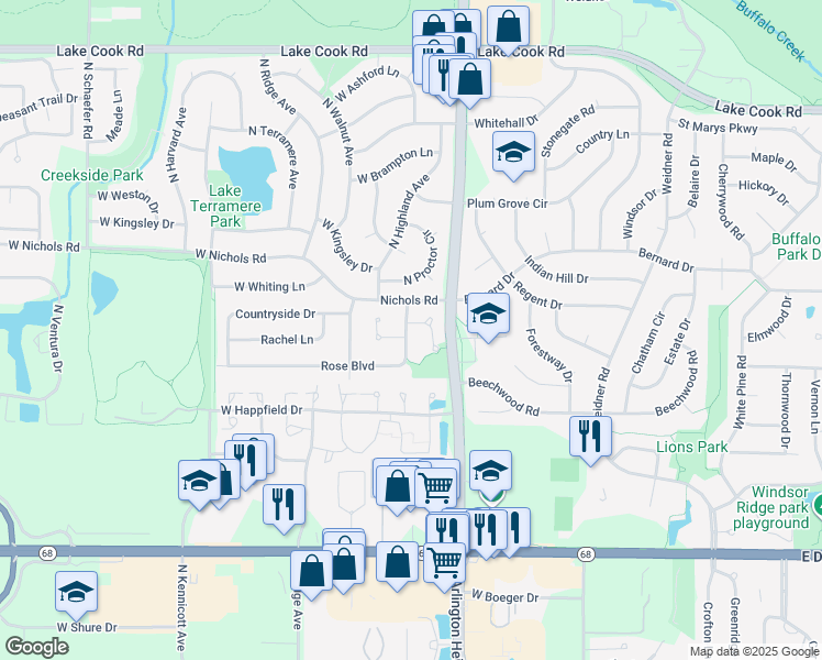map of restaurants, bars, coffee shops, grocery stores, and more near 1327 Rose Boulevard in Buffalo Grove