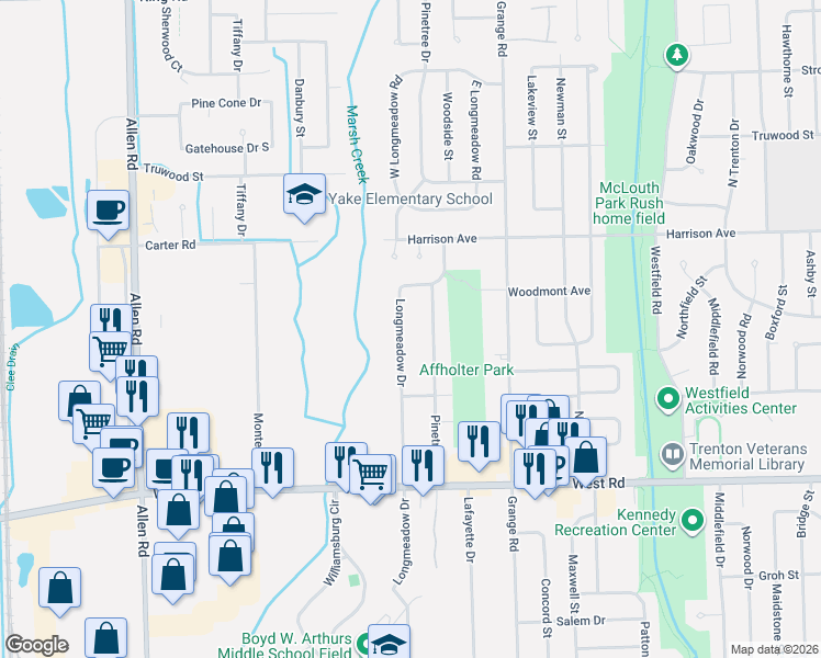 map of restaurants, bars, coffee shops, grocery stores, and more near 2421 Longmeadow Drive in Trenton