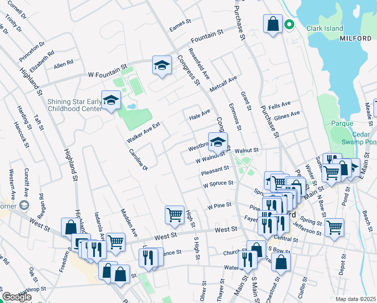 map of restaurants, bars, coffee shops, grocery stores, and more near 28 Westbrook Street in Milford