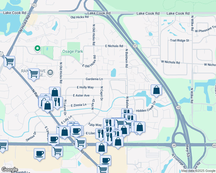 map of restaurants, bars, coffee shops, grocery stores, and more near 1926 High Grove Lane in Palatine