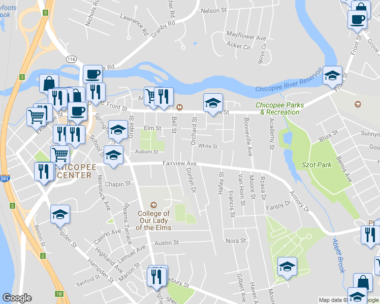map of restaurants, bars, coffee shops, grocery stores, and more near 90 Orchard Street in Chicopee