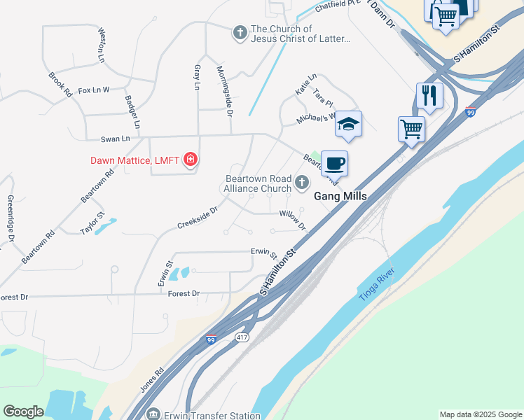 map of restaurants, bars, coffee shops, grocery stores, and more near 24 Willow Drive in Painted Post