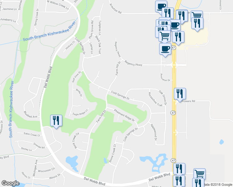 map of restaurants, bars, coffee shops, grocery stores, and more near 12668 Cold Springs Drive in Huntley