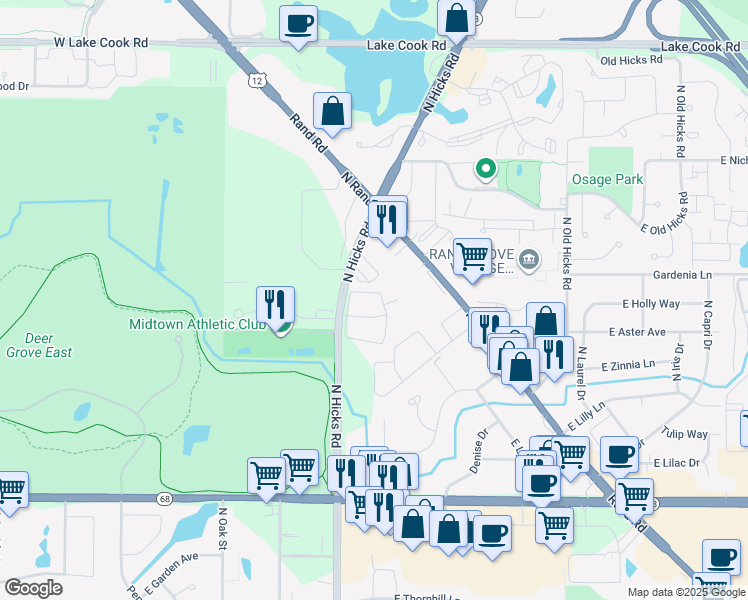 map of restaurants, bars, coffee shops, grocery stores, and more near 1979 North Hicks Road in Palatine