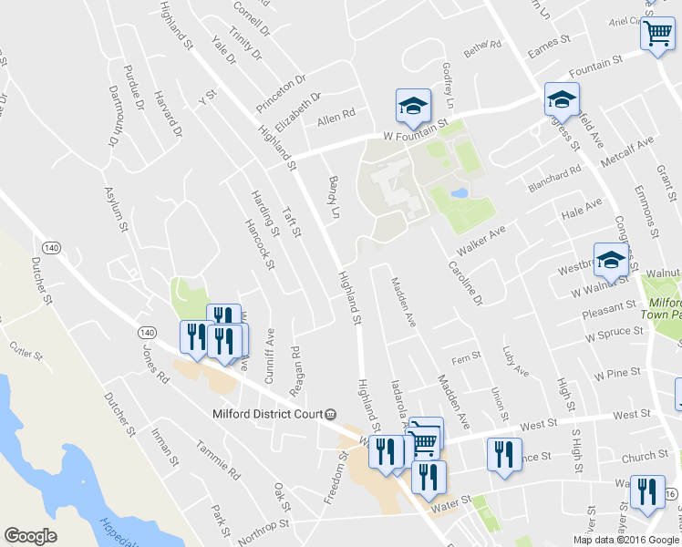map of restaurants, bars, coffee shops, grocery stores, and more near 42 Highland Street in Milford