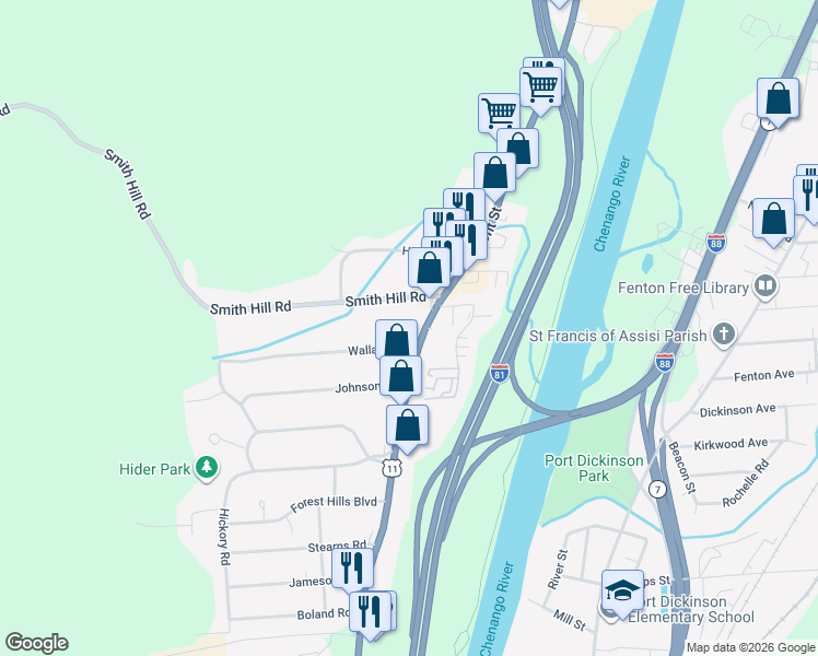map of restaurants, bars, coffee shops, grocery stores, and more near 1057 Front Street in Binghamton