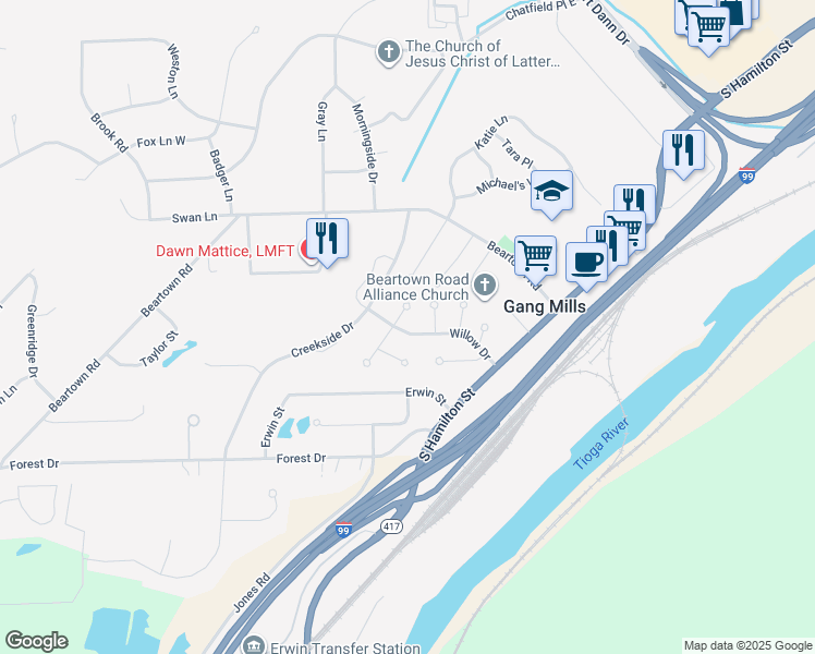 map of restaurants, bars, coffee shops, grocery stores, and more near 24 Willow Drive in Painted Post