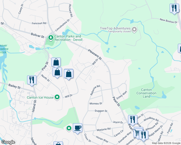 map of restaurants, bars, coffee shops, grocery stores, and more near Shaw Farm Road in Canton