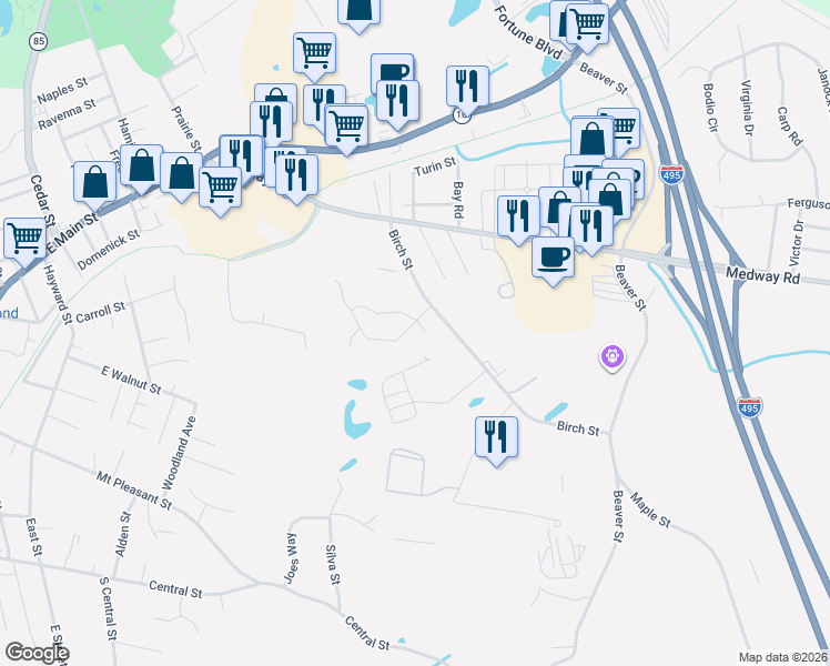 map of restaurants, bars, coffee shops, grocery stores, and more near 14 Stall Brook Road in Milford