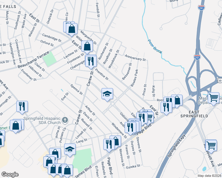 map of restaurants, bars, coffee shops, grocery stores, and more near 208 Edendale Street in Springfield