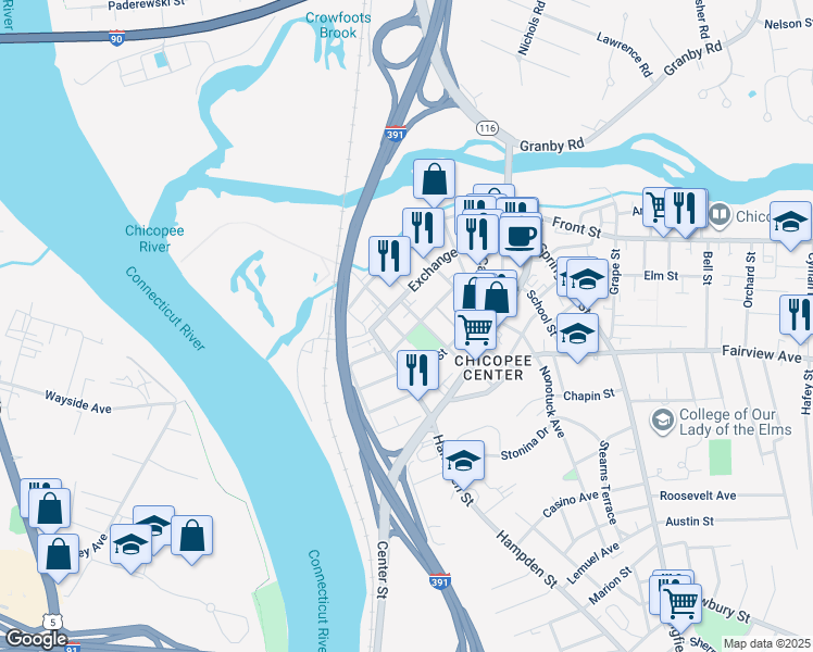 map of restaurants, bars, coffee shops, grocery stores, and more near 25 School Street in Chicopee