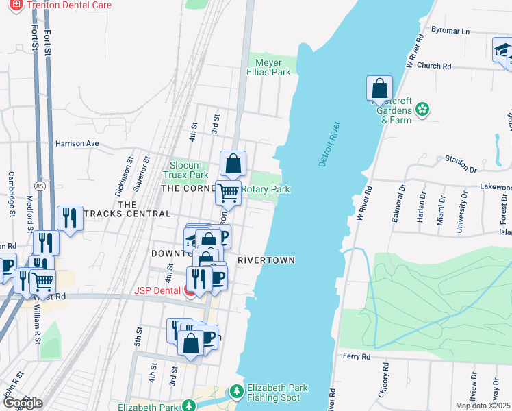 map of restaurants, bars, coffee shops, grocery stores, and more near 2419 Riverside Drive in Trenton