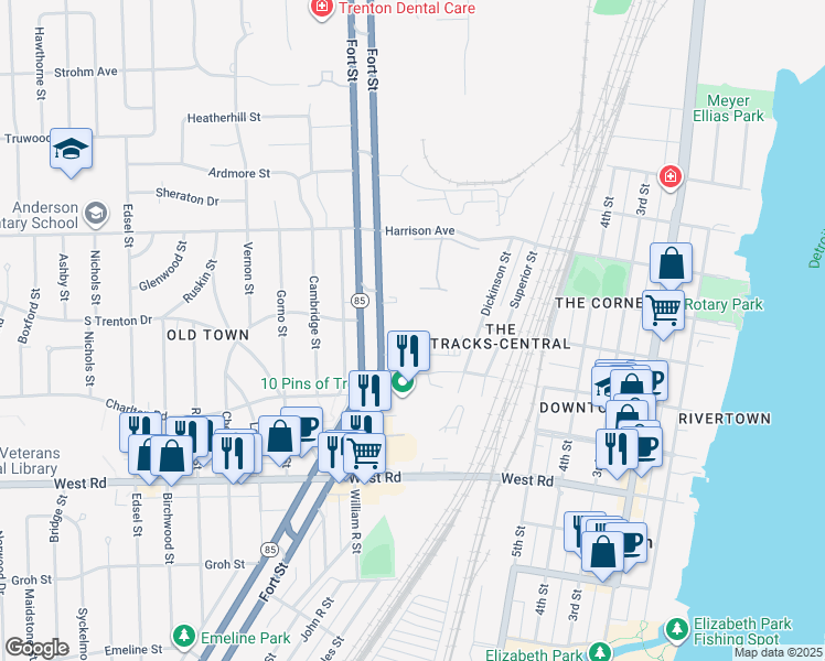 map of restaurants, bars, coffee shops, grocery stores, and more near 2431 Fort Street in Trenton