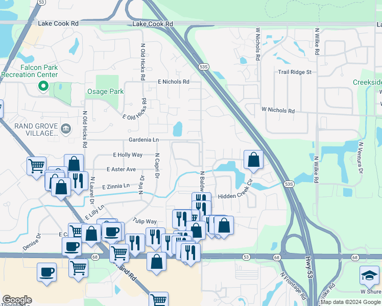 map of restaurants, bars, coffee shops, grocery stores, and more near 1902 Green Lane North in Palatine