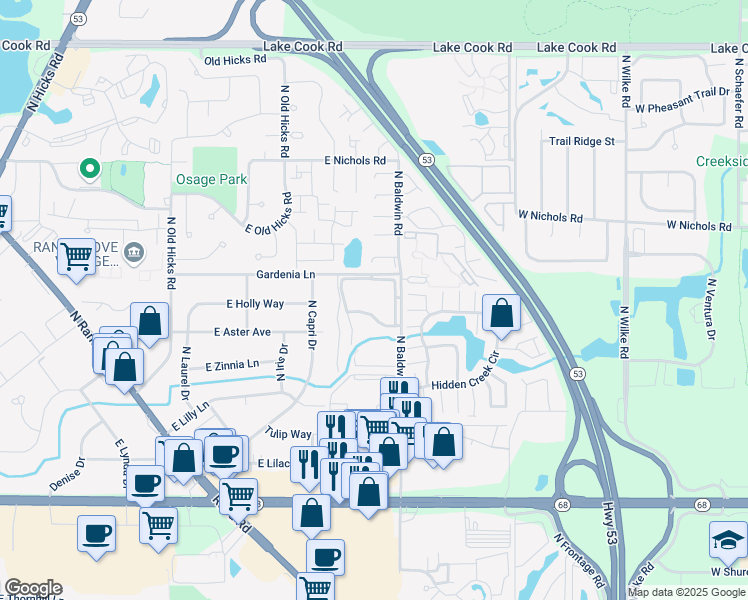 map of restaurants, bars, coffee shops, grocery stores, and more near 1902 Green Lane North in Palatine