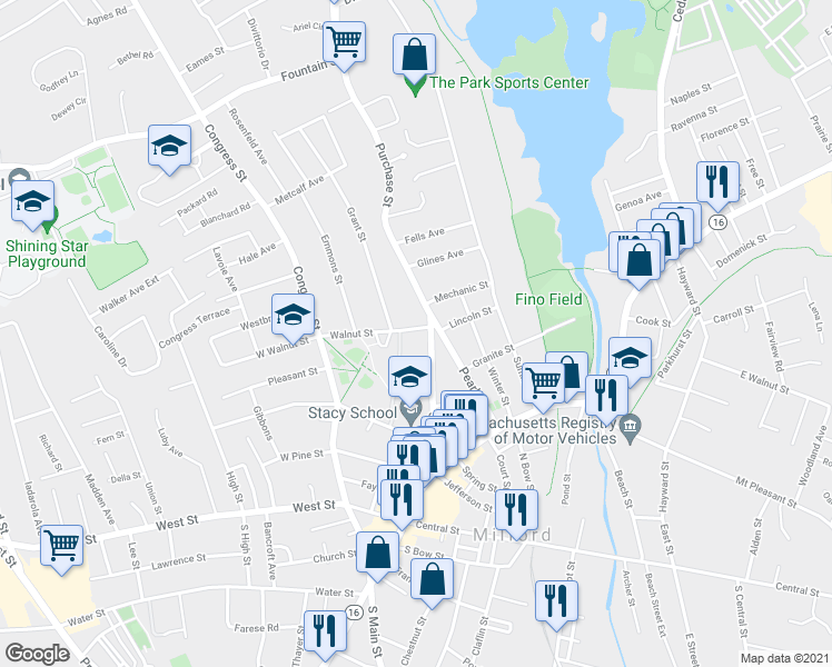 map of restaurants, bars, coffee shops, grocery stores, and more near 8 Walnut Street in Milford