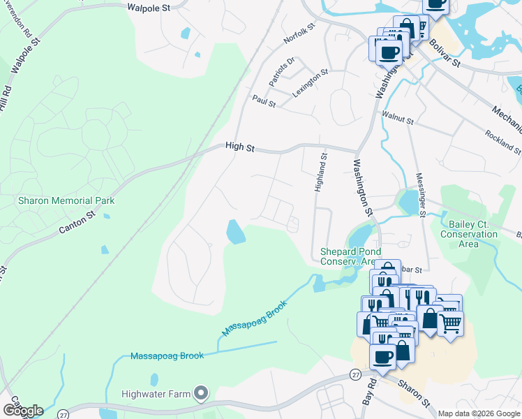 map of restaurants, bars, coffee shops, grocery stores, and more near 12 Kathryn Lane in Canton