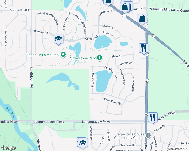map of restaurants, bars, coffee shops, grocery stores, and more near 1546 Glacier Trail in Carpentersville