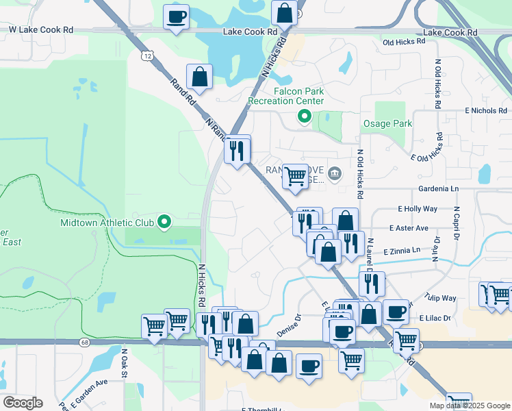 map of restaurants, bars, coffee shops, grocery stores, and more near 2040 North Rand Road in Palatine