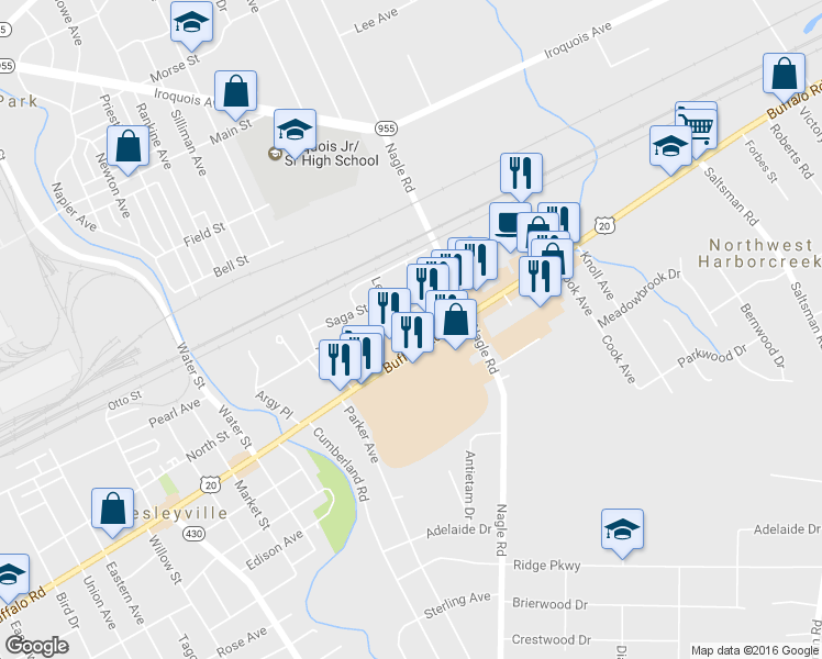 map of restaurants, bars, coffee shops, grocery stores, and more near 4268 Buffalo Road in Erie