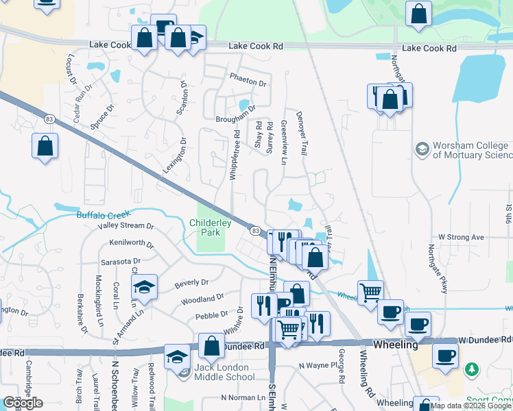 map of restaurants, bars, coffee shops, grocery stores, and more near 835 Oxford Place in Wheeling