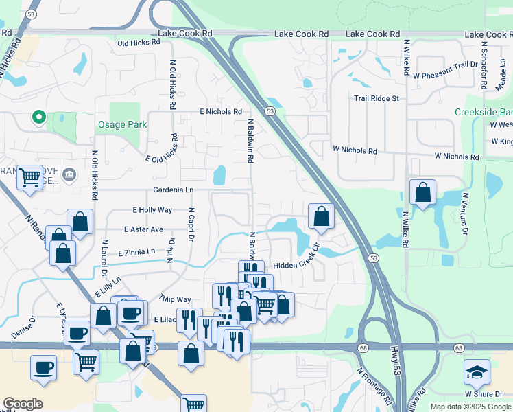 map of restaurants, bars, coffee shops, grocery stores, and more near 1759 East Canterbury Trail in Palatine