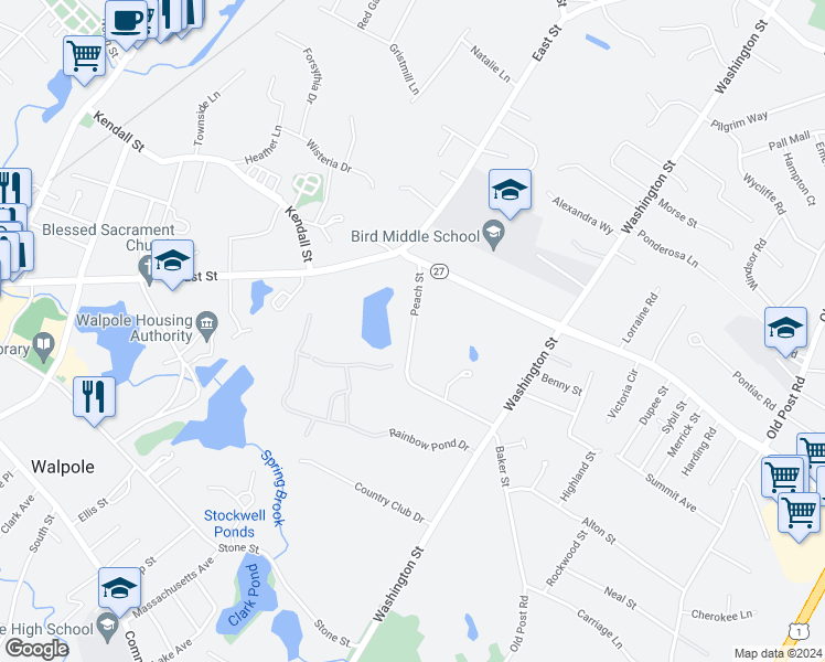 map of restaurants, bars, coffee shops, grocery stores, and more near 52 Peach Street in Walpole