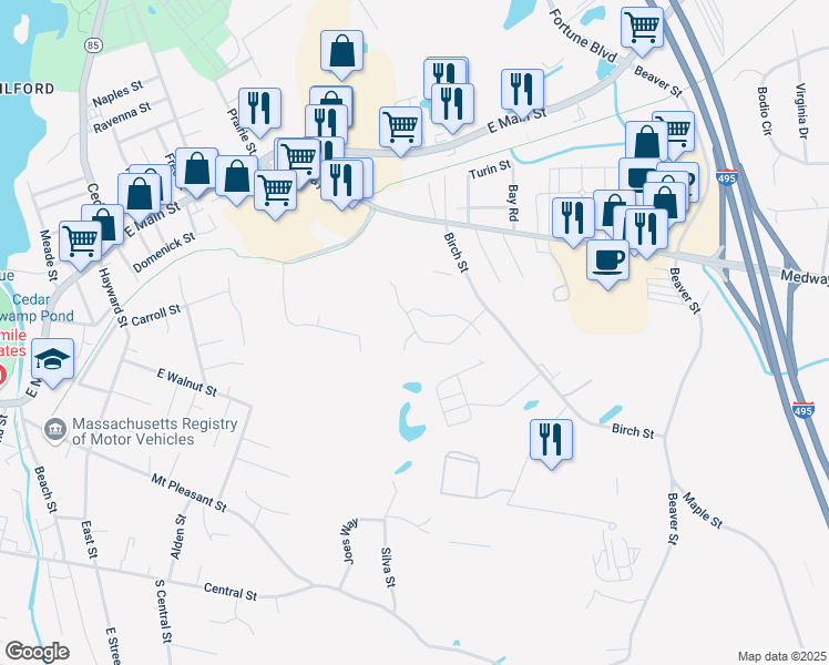 map of restaurants, bars, coffee shops, grocery stores, and more near 6 Lombardi Circle in Milford