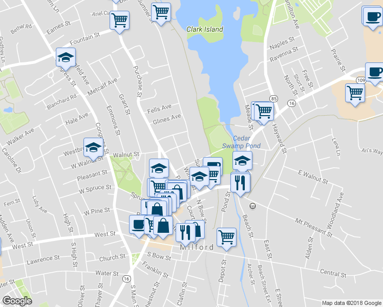 map of restaurants, bars, coffee shops, grocery stores, and more near 38 Sumner Street in Milford