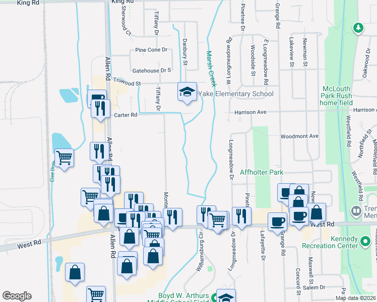 map of restaurants, bars, coffee shops, grocery stores, and more near 22401 Monterey Drive in Trenton