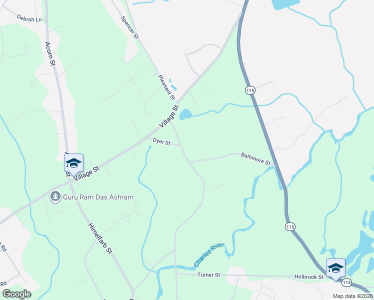 map of restaurants, bars, coffee shops, grocery stores, and more near 186 Pleasant Street in Millis