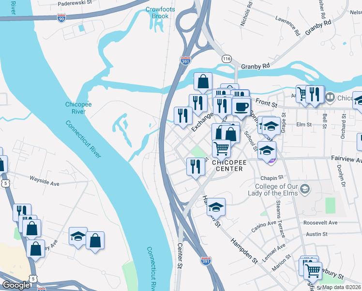 map of restaurants, bars, coffee shops, grocery stores, and more near 70 Exchange Street in Chicopee